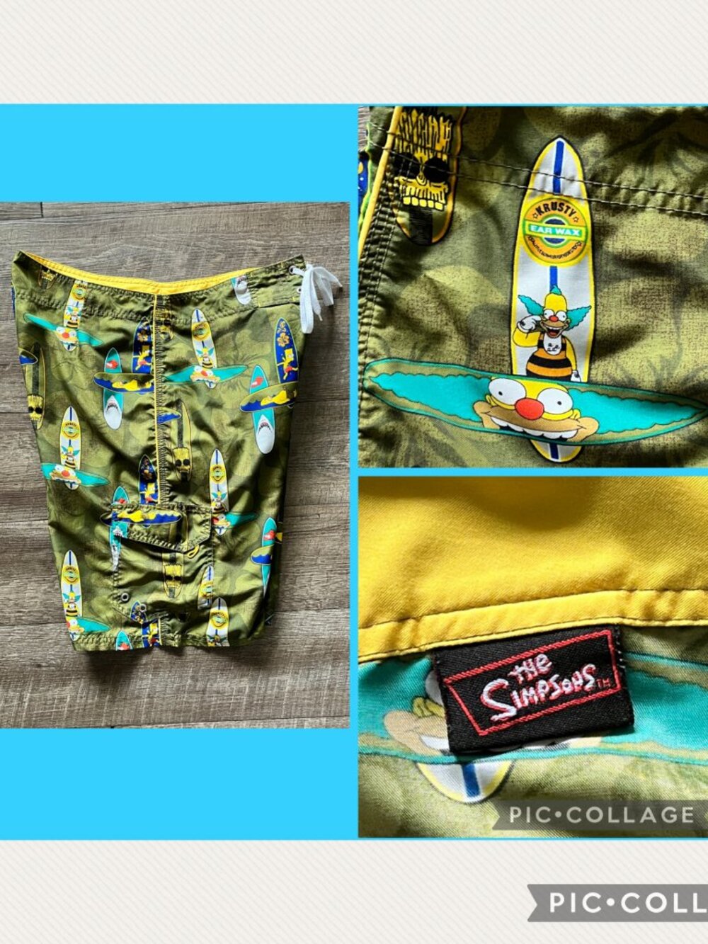 The Simpsons Vintage Y2K Long Board Shorts Mens 36'' TIKI Bart-EAR WAX Krusty
